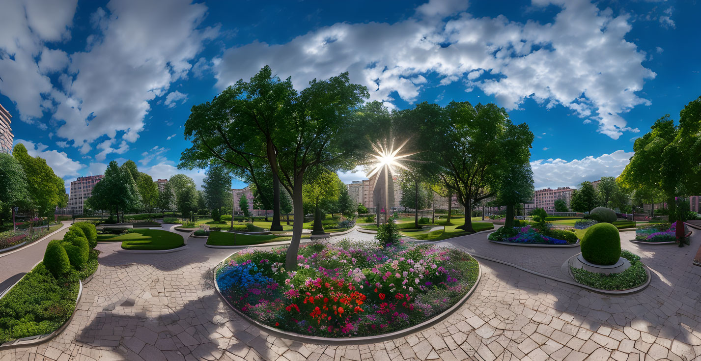 Lush park with colorful flowers, greenery, and cobblestone path