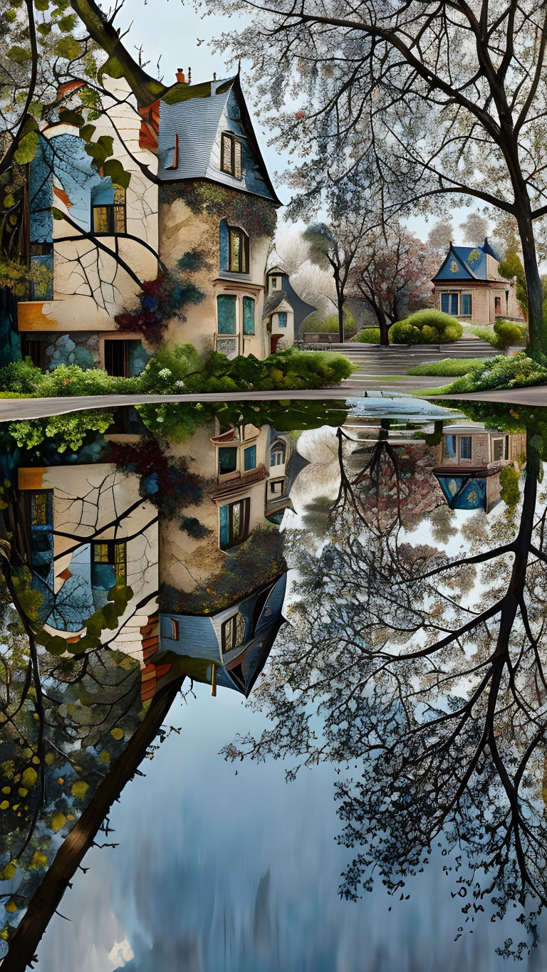 European-style houses near reflecting pool under overcast skies