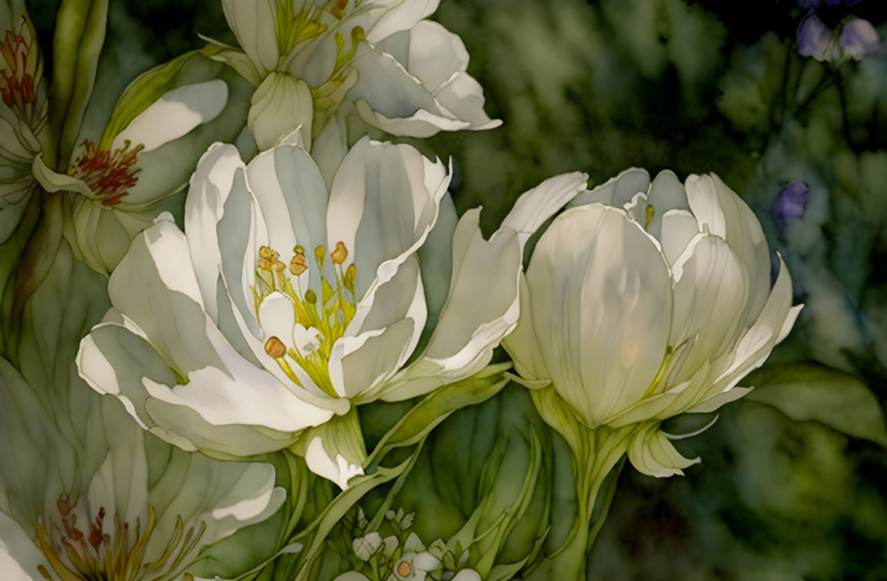 Detailed close-up of delicate white flowers with stamens against green botanical backdrop.