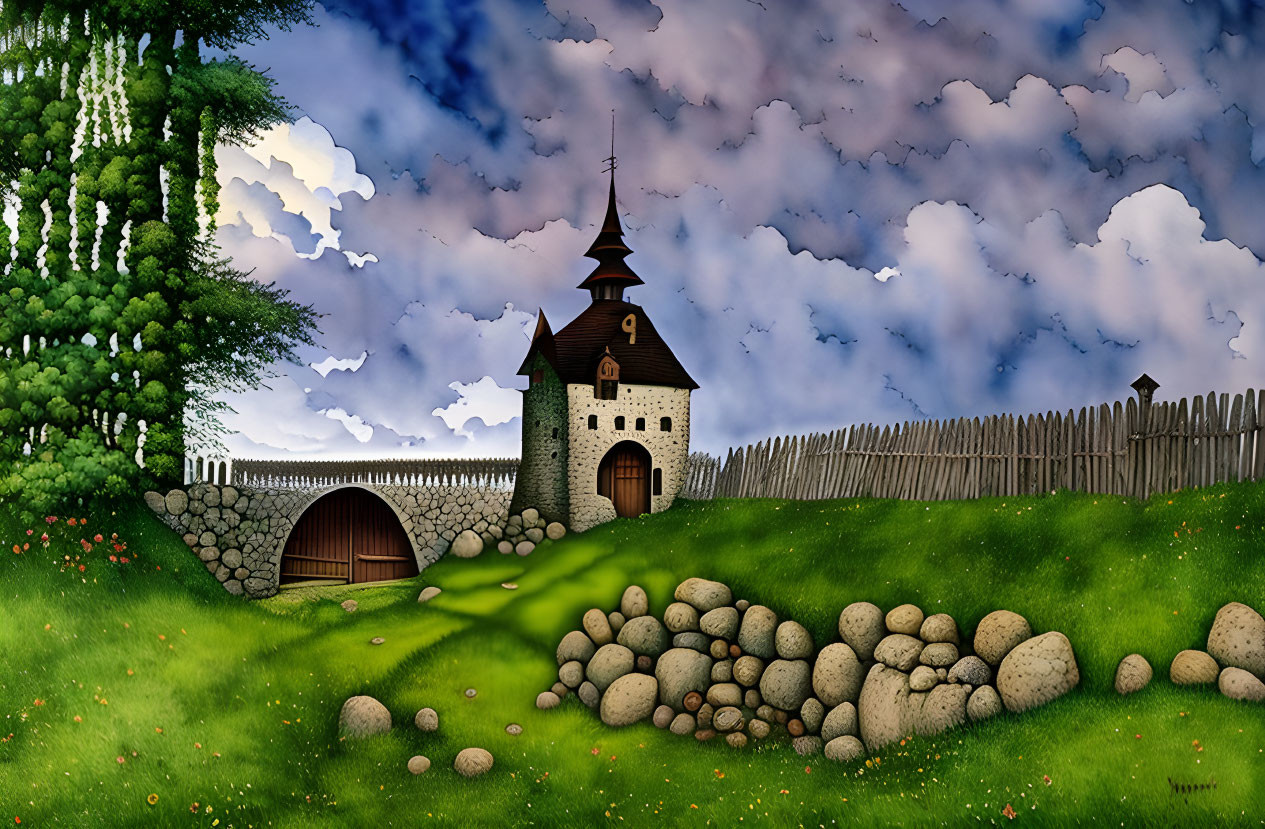 Whimsical castle with spire, wooden fence, fluffy clouds, green landscape