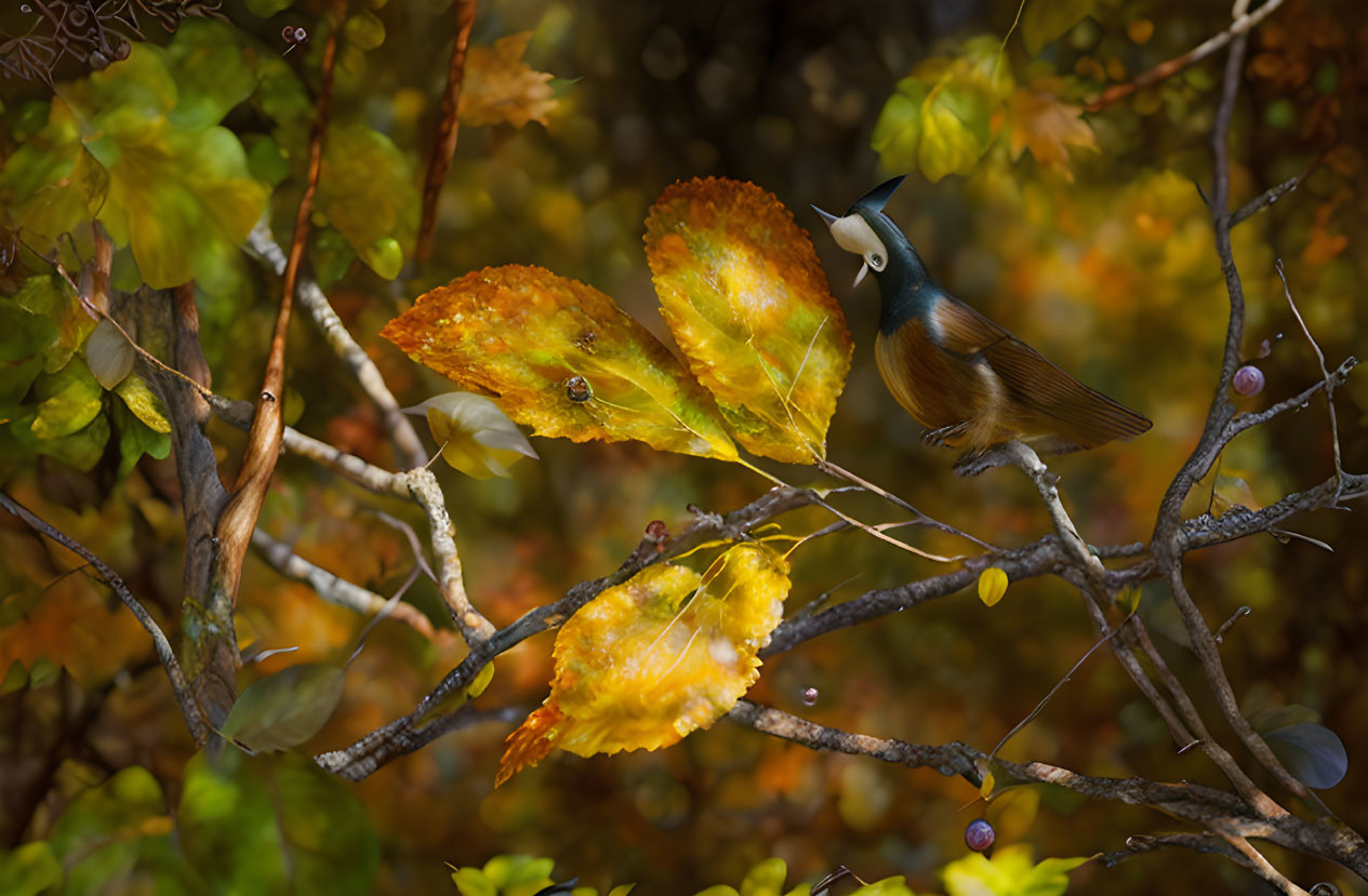 Stylized bird with leaf wing in autumn foliage and berries