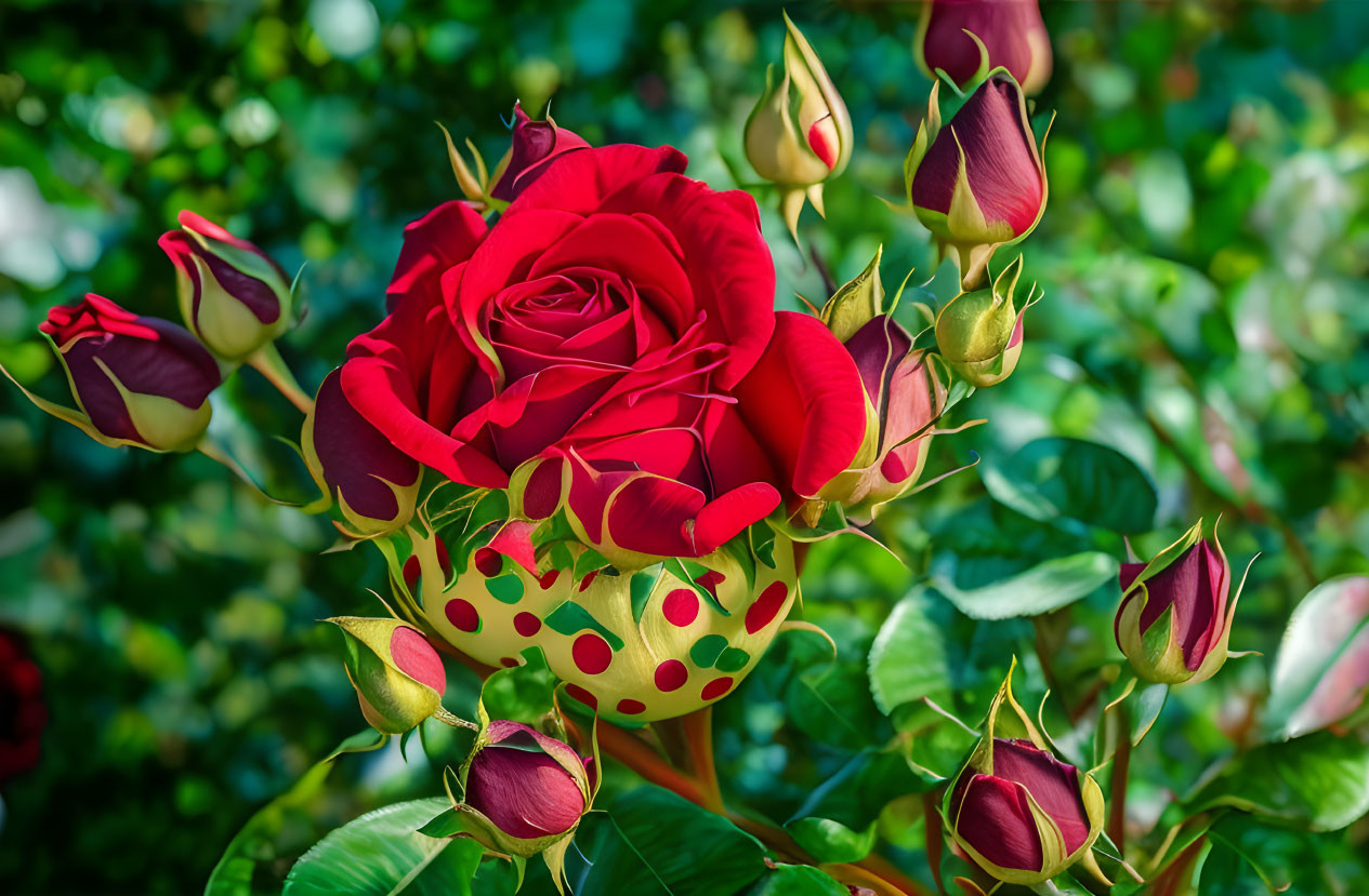 Vibrant red rose in full bloom with unopened rosebuds on lush green backdrop