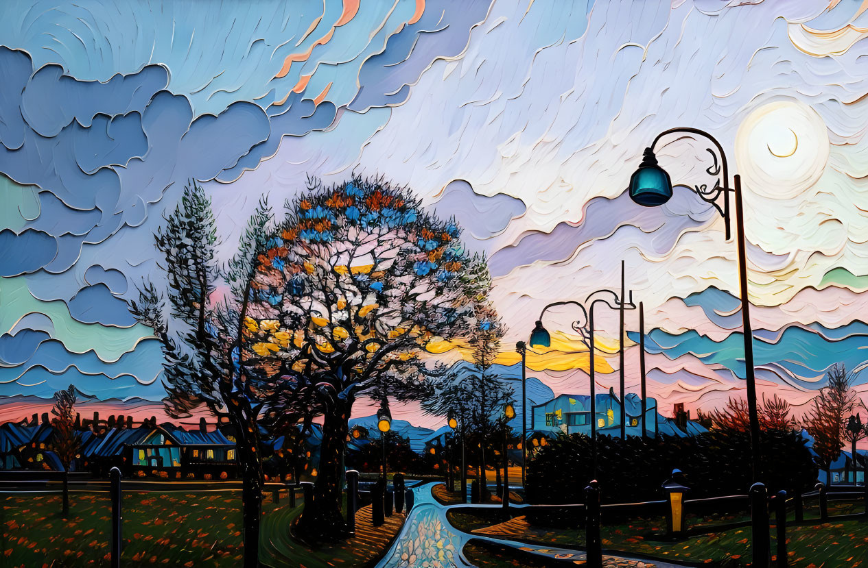 Colorful Park Sunset Painting with Swirling Sky and Winding Pathway