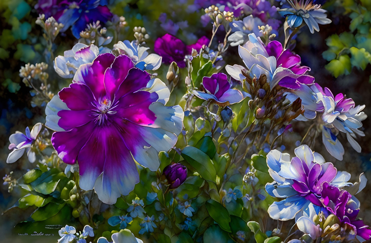 Colorful Floral Arrangement with Rich Pink Flower and Surrounding Purple, White, and Blue Blooms