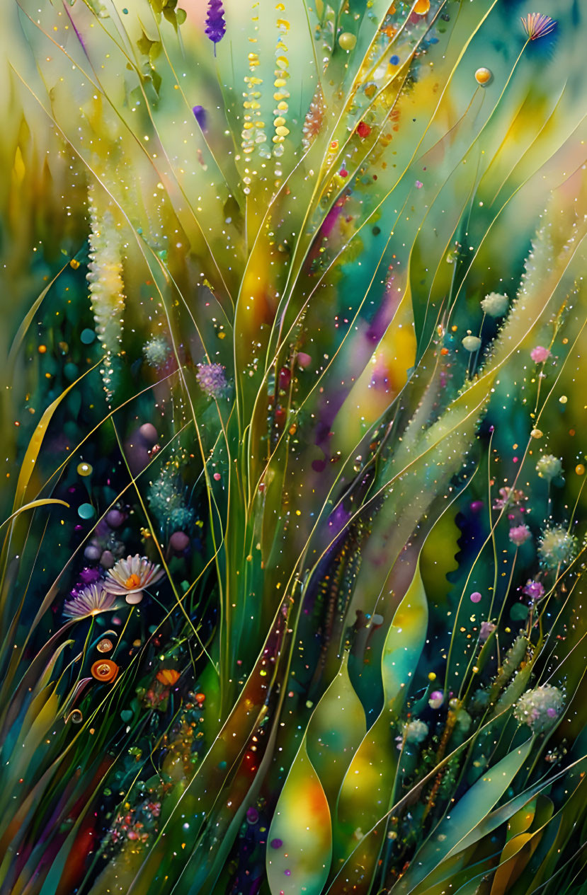 Colorful digital artwork of whimsical glowing grasses and flowers in a magical meadow.