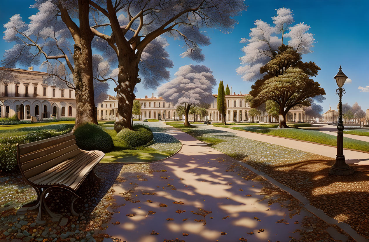 Tranquil Park Scene with Benches, Lamp Posts, Classical Architecture, and White Foliage