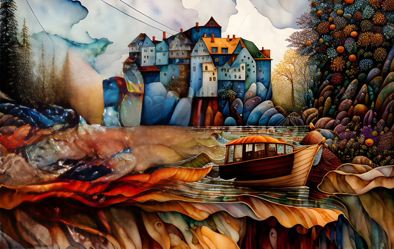 Colorful Village Painting with Boat, Surreal Waterbody, and Vibrant Nature