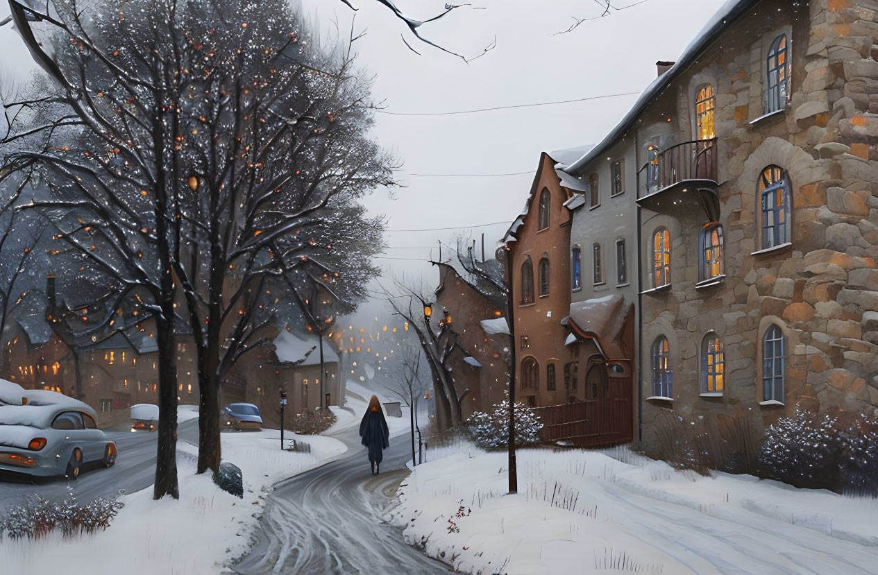 Snow-covered street with stone houses and festive lights in falling snowflakes