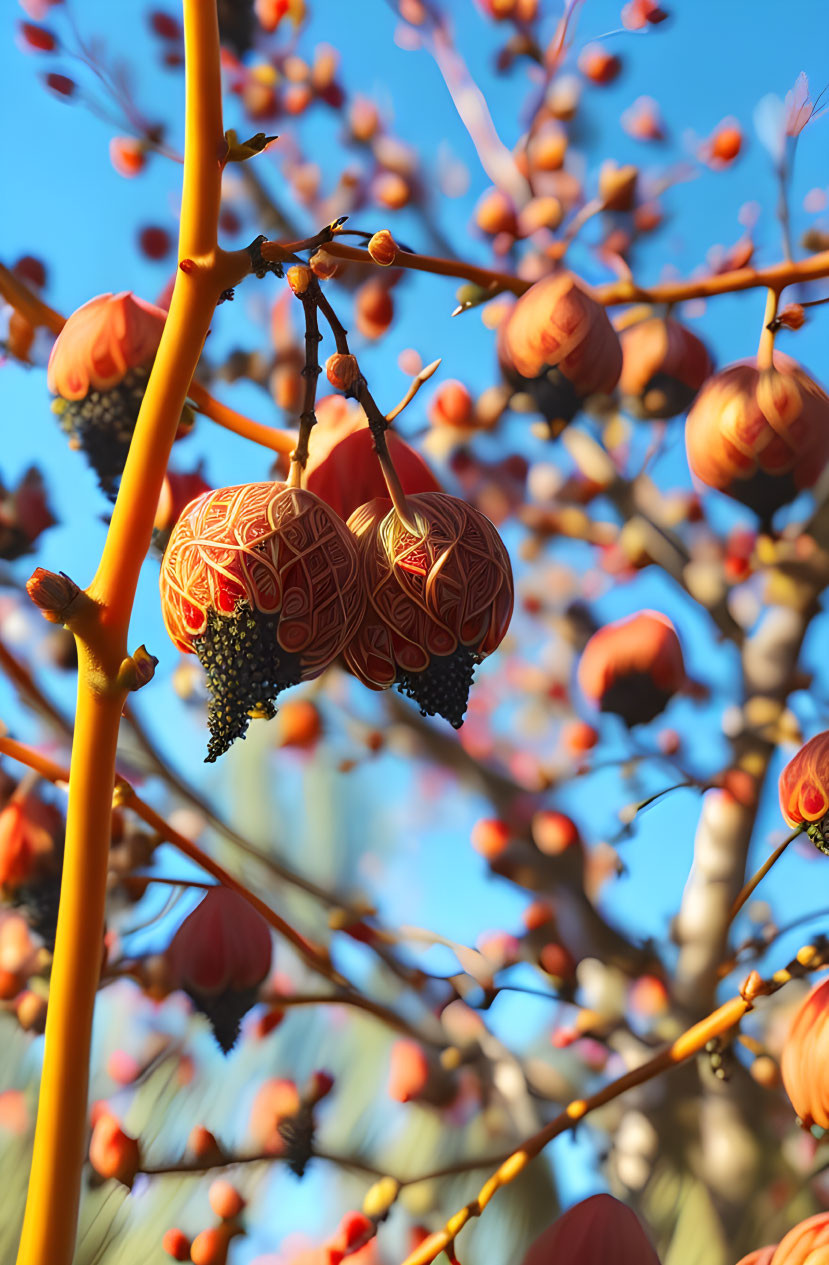 Vibrant red lantern-like fruits on branch against blue sky