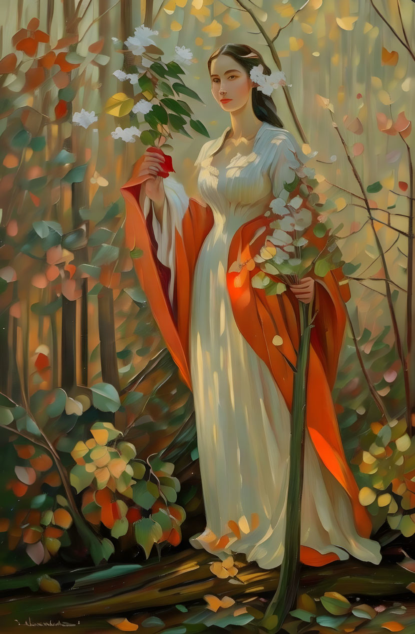 Woman in flowing dress with orange drapery standing in vibrant forest with autumn foliage and berries branch.