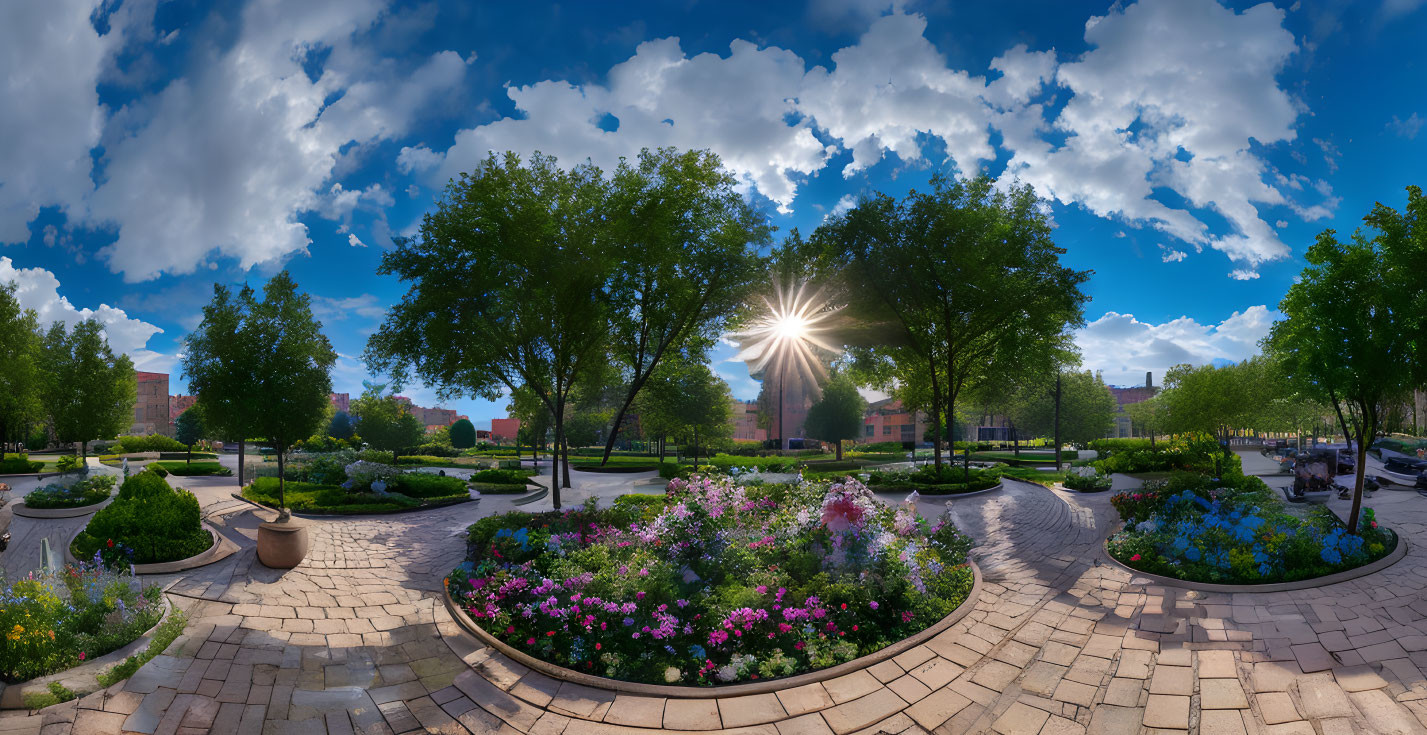 Vibrant garden with flowers, pathways, and lush trees under sunny sky