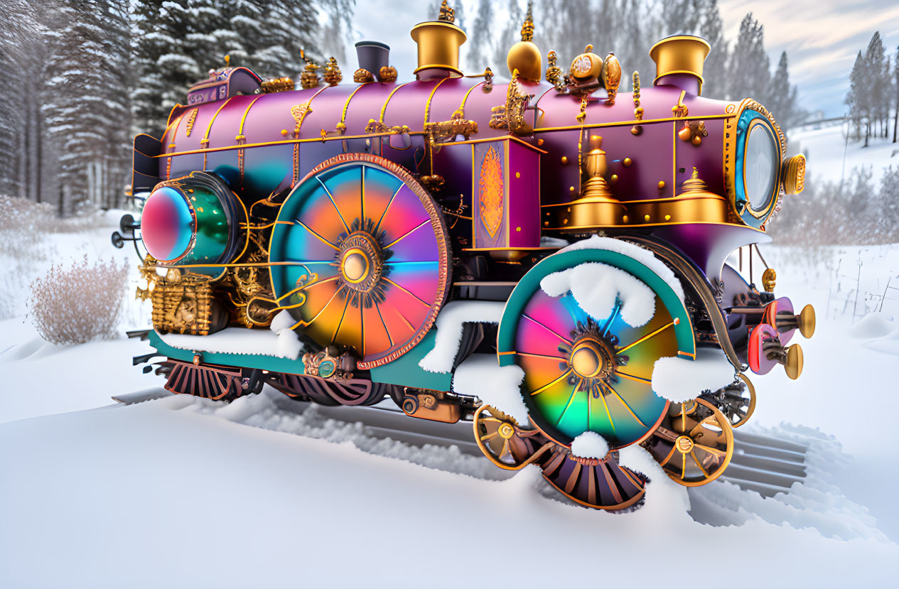 Colorful ornate steam locomotive in snowy landscape with vibrant wheels