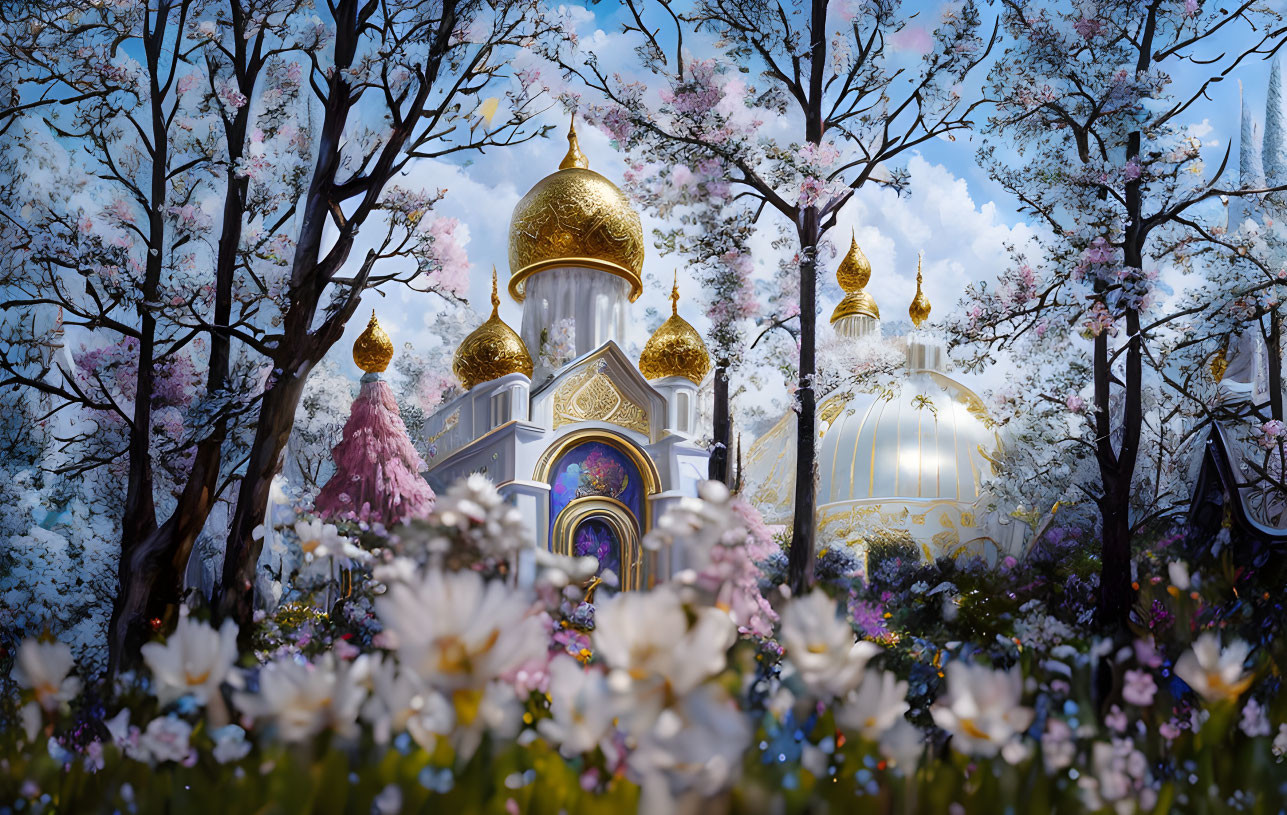 Golden-Domed Building Surrounded by Blooming Trees and Flowers