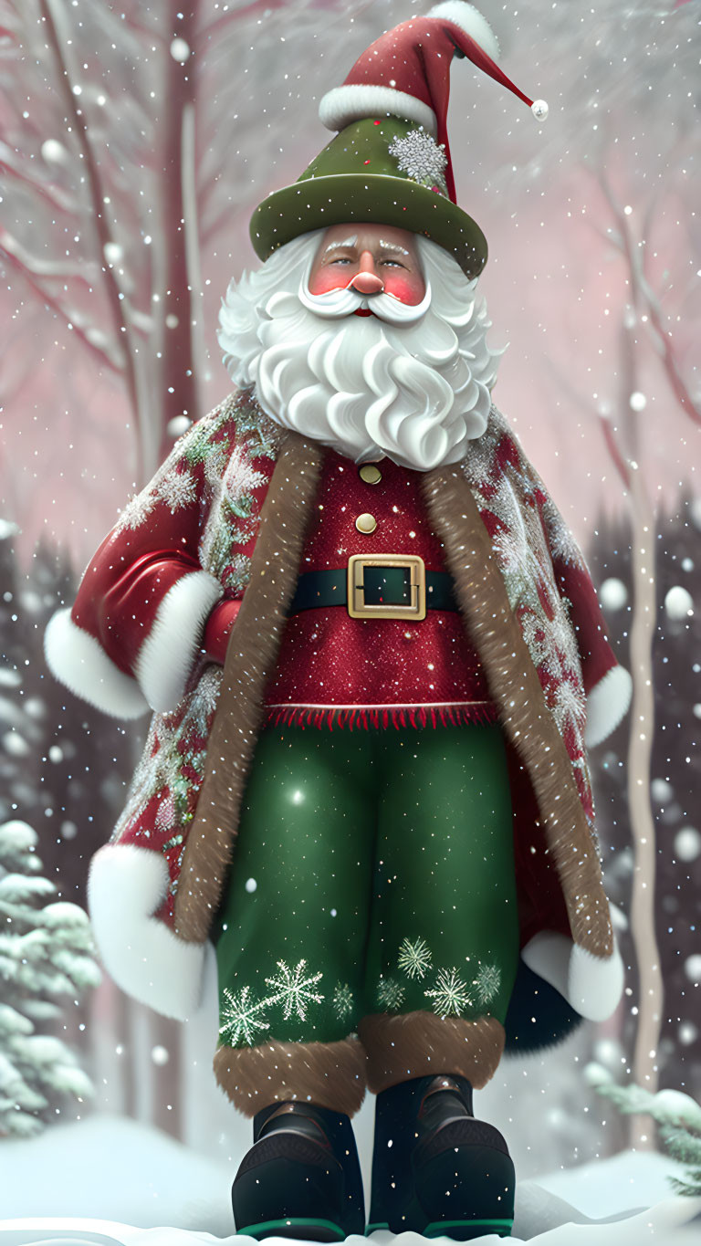 Cheerful Santa Claus in Snowy Scene with Red Coat and Snowy Beard