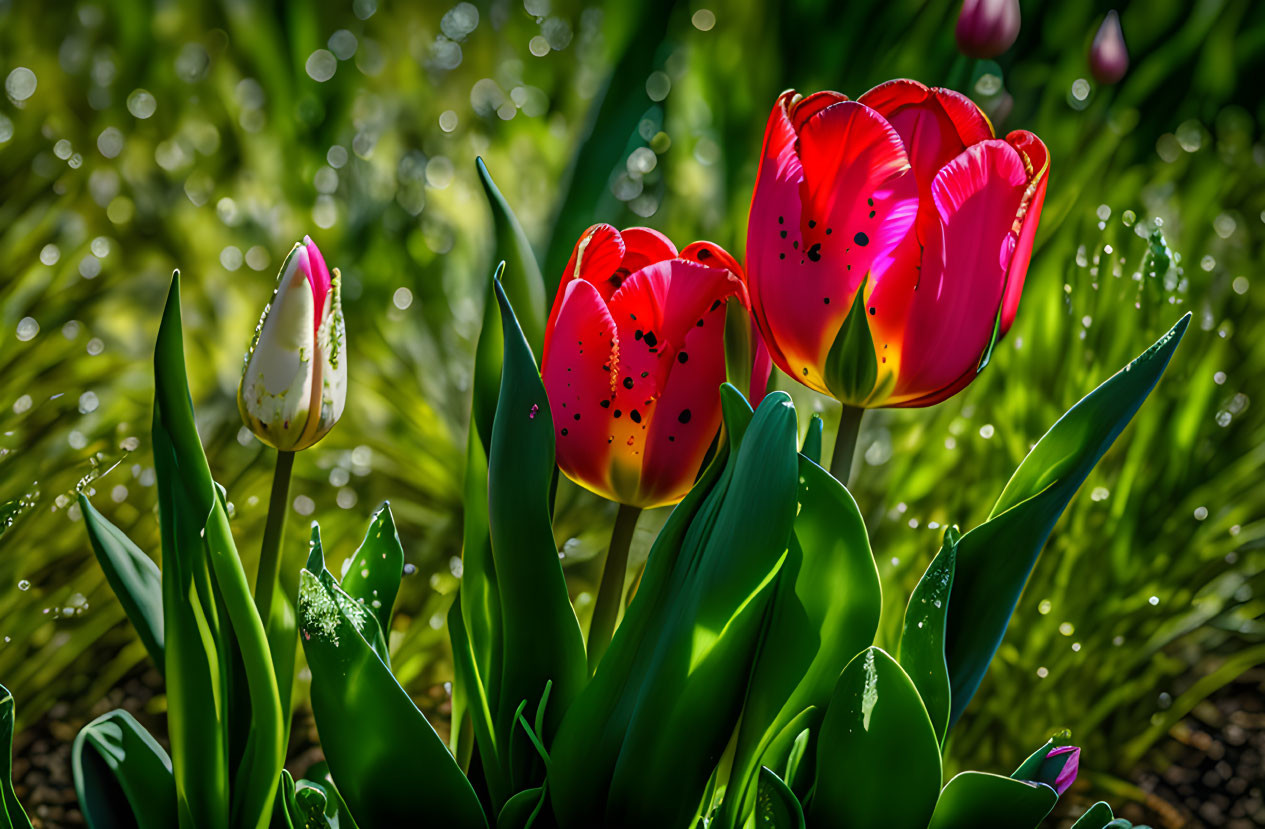 Vivid Red and White Tulips with Dew-Covered Greenery in Sunlight