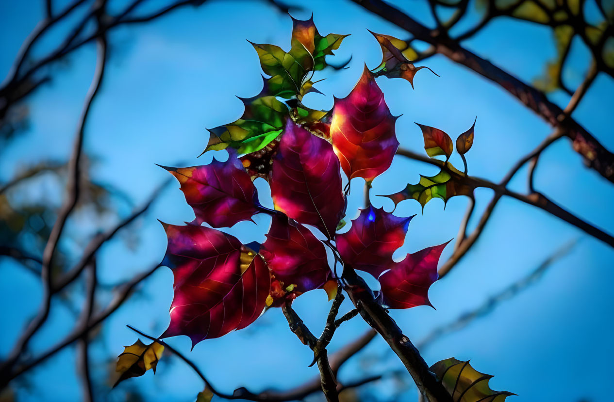 Colorful red and green leaves under sunny sky.