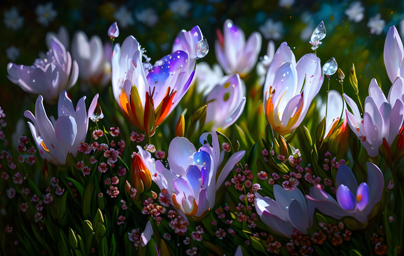 White and Purple Flowers with Dew Drops in Shimmering Light