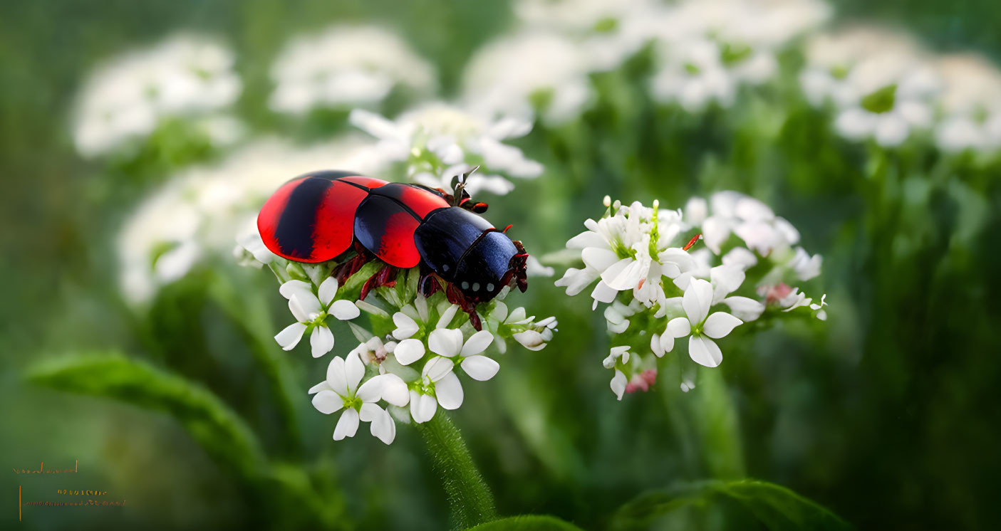 Red ladybug with black spots on white flowers in green background