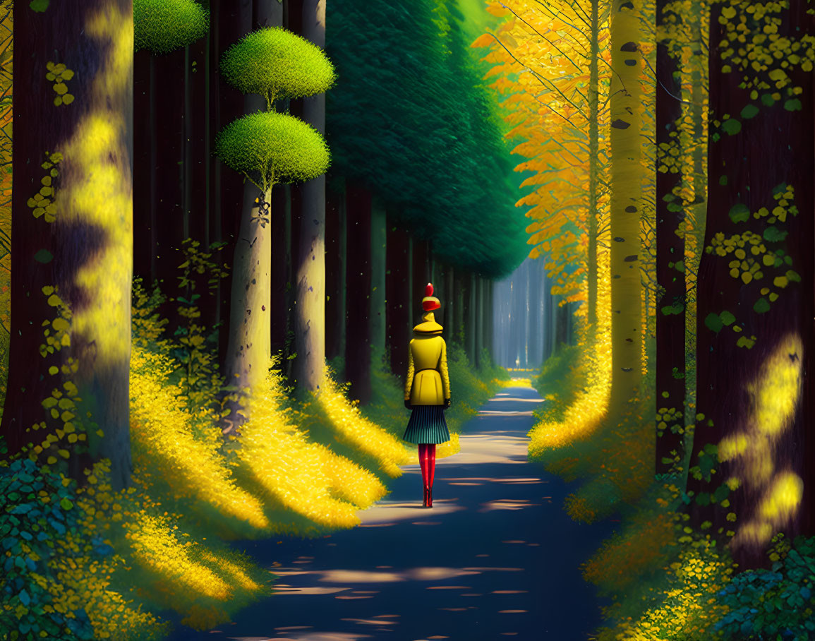 Person with yellow backpack and red hat in magical forest with glowing edges and green and yellow trees.