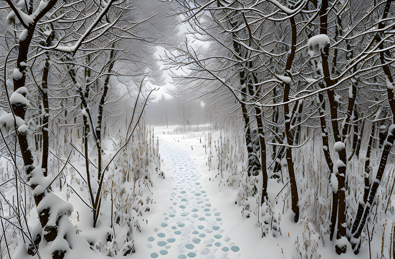 Snowy forest with circular blue patterns on winding path