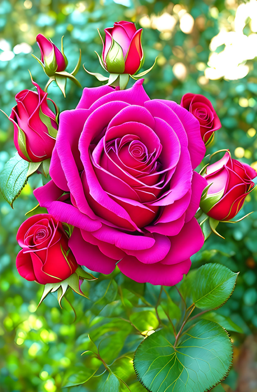 Colorful rose bouquet with magenta bloom and red buds surrounded by green leaves