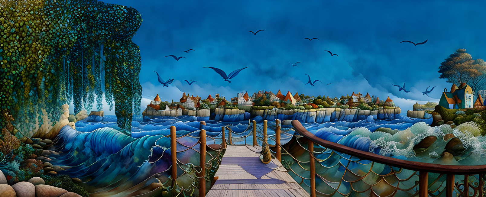 Fantasy seascape with wooden pier, village, waterfall, waves, and birds