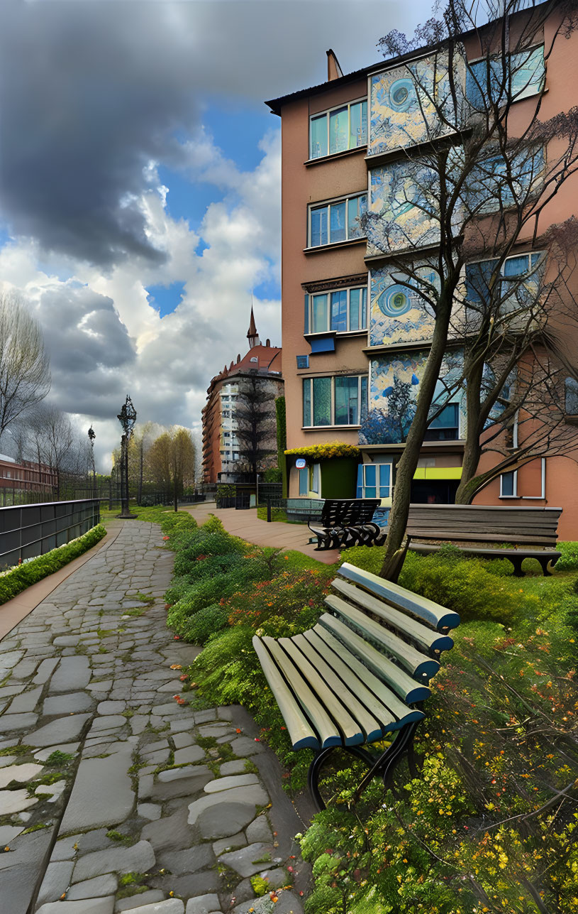 Cobblestone Path, Benches, Flowers, Colorful Apartment Building, Dramatic Cloudy Sky