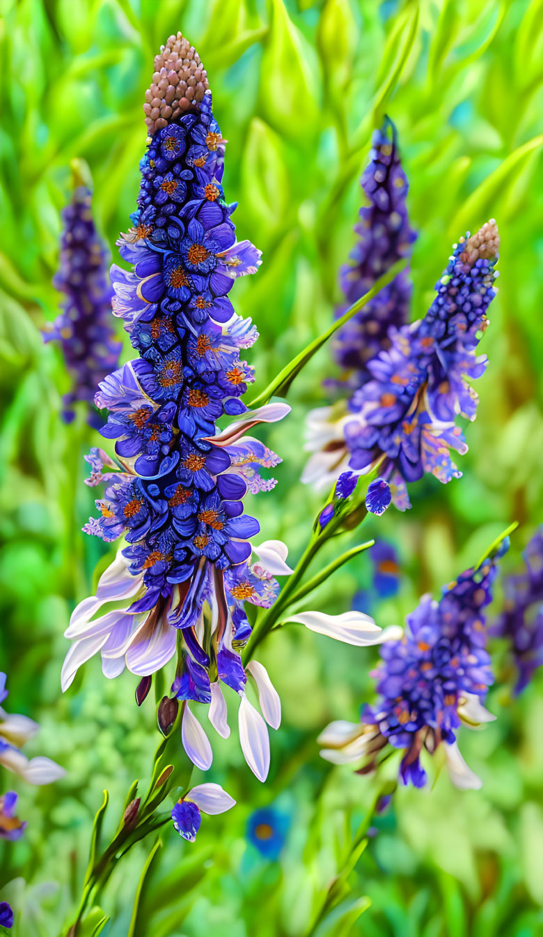 Detailed Purple and Blue Lupine Flowers with Green Foliage