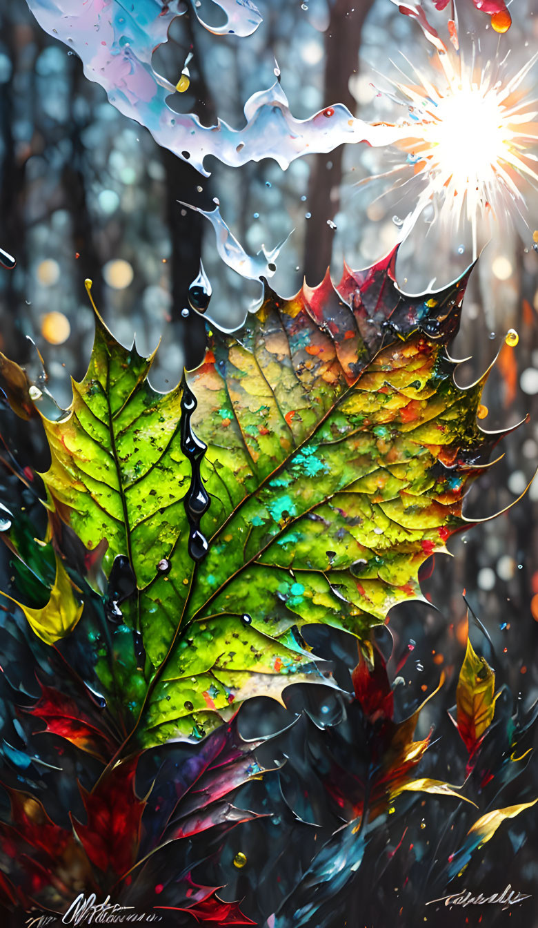 Vibrant leaf with droplets illuminated by bright light on rainy bokeh background