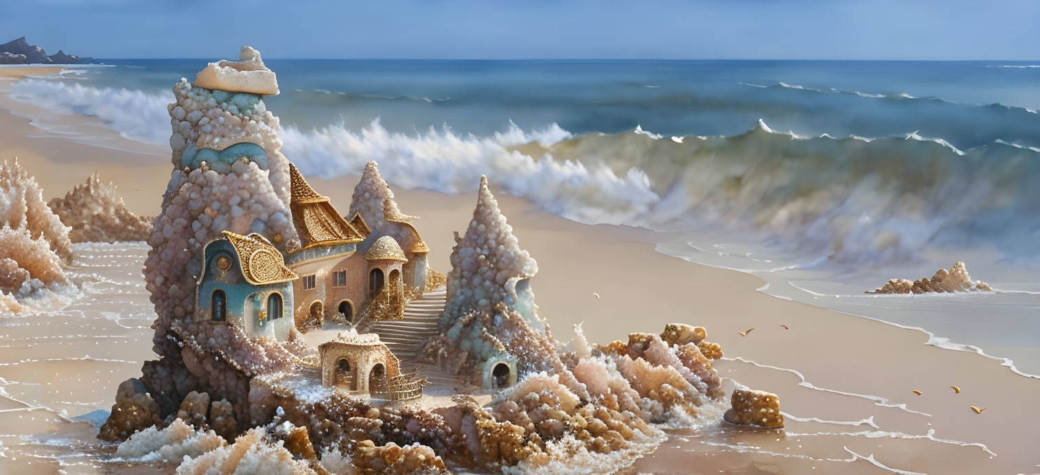 Intricate sandcastle by the seaside with crashing waves