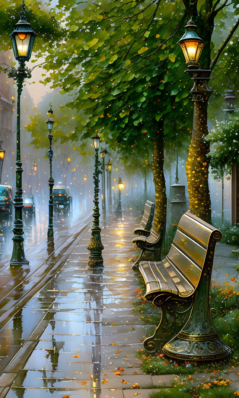 Rainy promenade with glowing streetlamps and benches under trees.