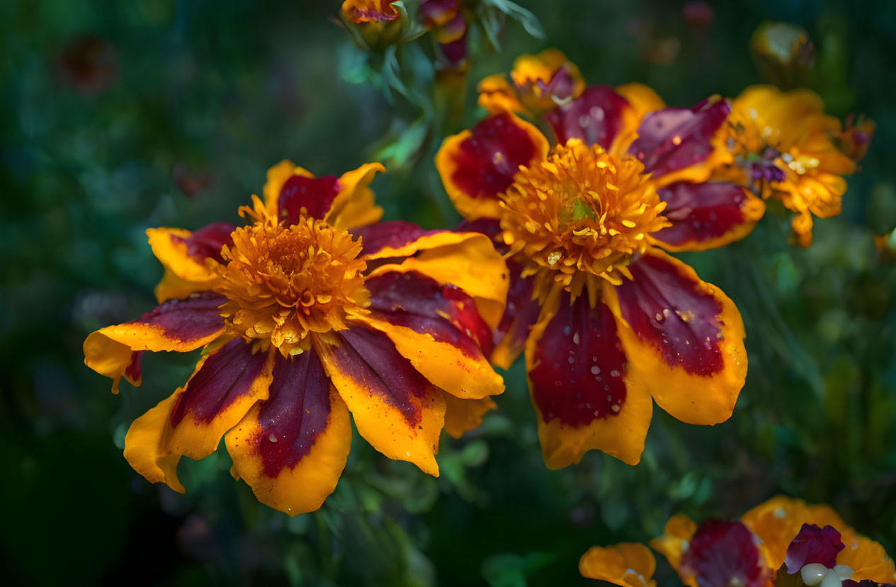 Colorful Marigolds with Yellow to Red Petals and Dewdrops on Green Background