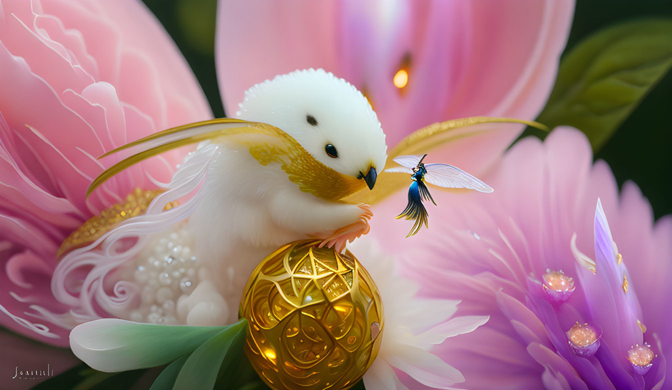 White Bird with Golden Wings Interacting with Blue Dragonfly and Pink Blossoms