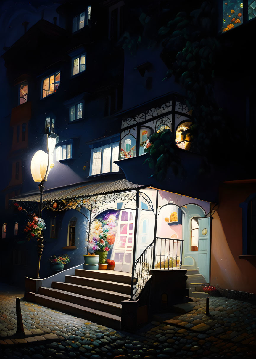 Quaint Blue House Nighttime Scene with Cobblestone Path