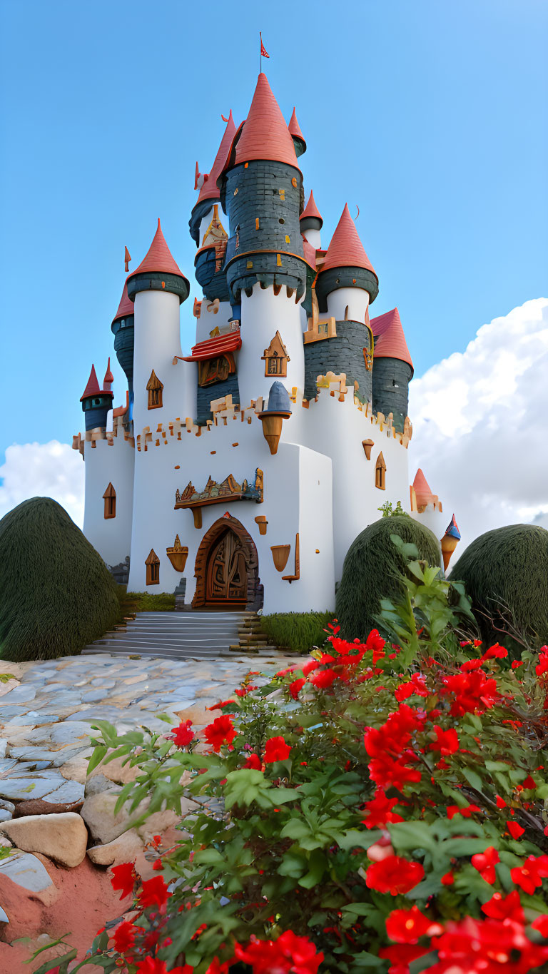 Majestic fairytale castle with spires, stone pathway, red flowers, blue sky.