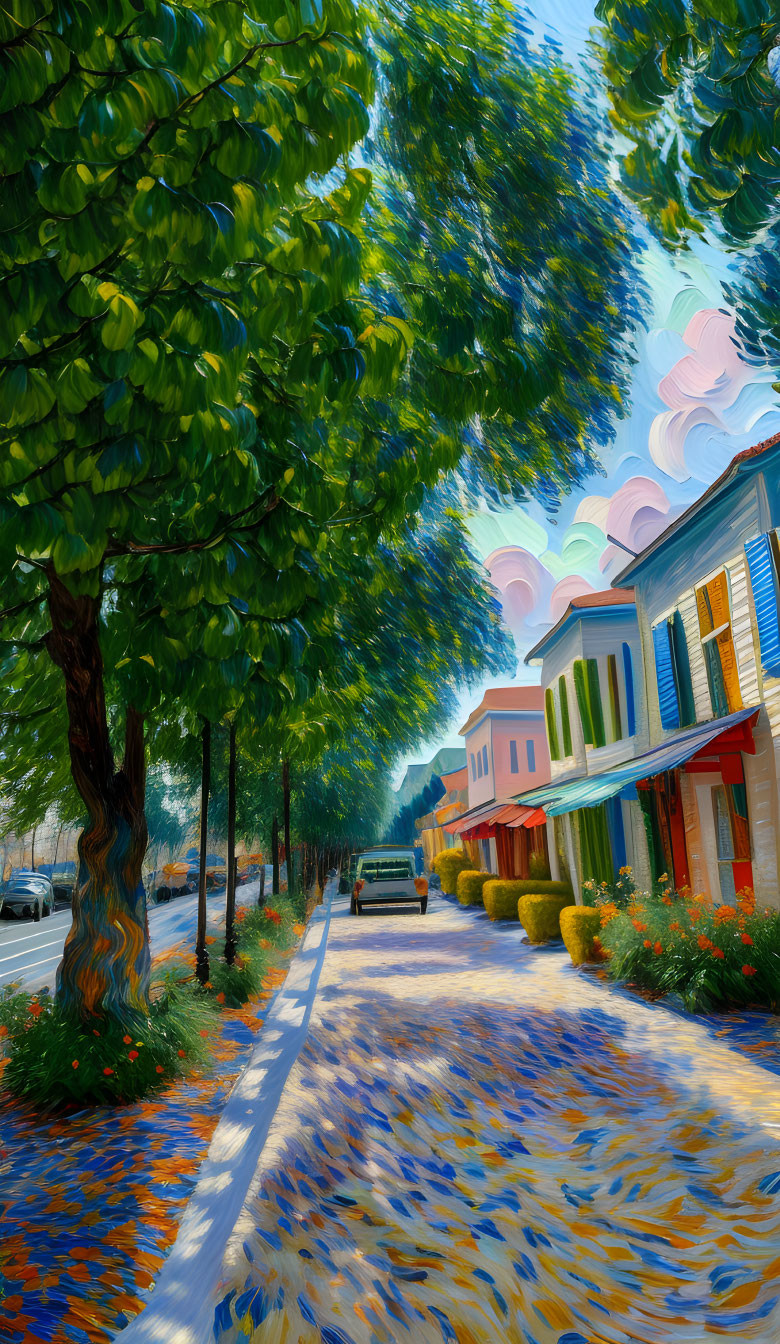 Colorful impressionist painting of tree-lined street and buildings under blue sky