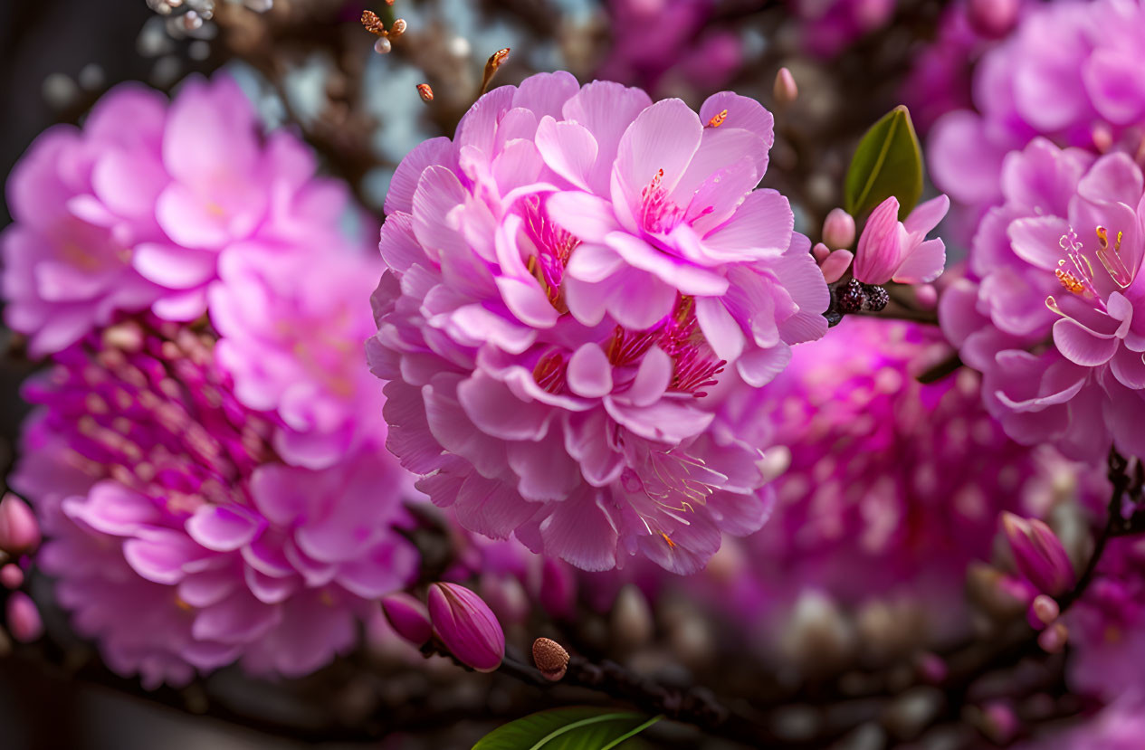 Pink cherry blossoms with golden stamens in focus against blurred background