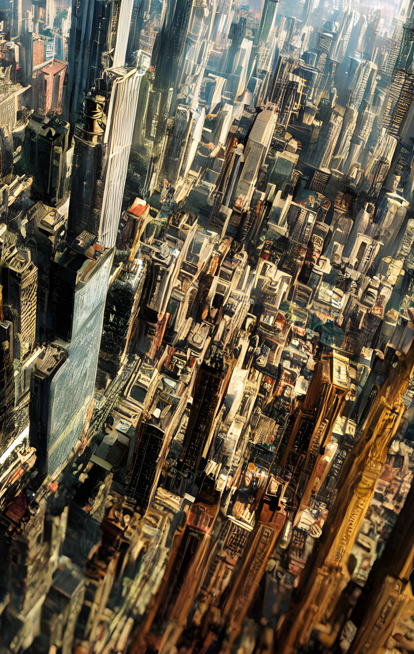 Densely packed urban skyline with skyscrapers in golden sunlight