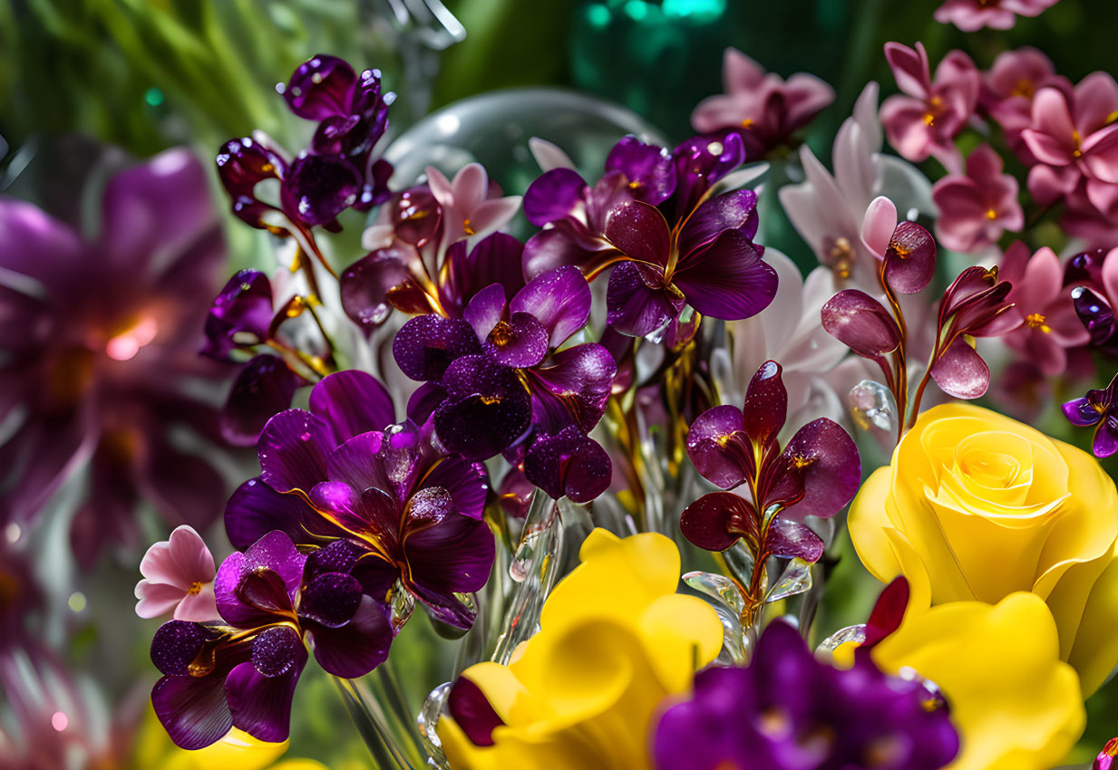 Colorful Bouquet with Purple, Pink, and Yellow Flowers & Greenery