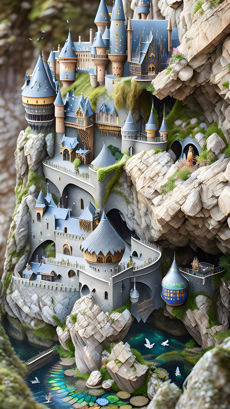 Fantasy castle with blue-roofed towers on cliffside by serene lake