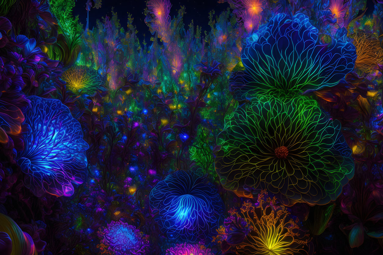 Neon-lit fantasy garden with vibrant flowers on dark background