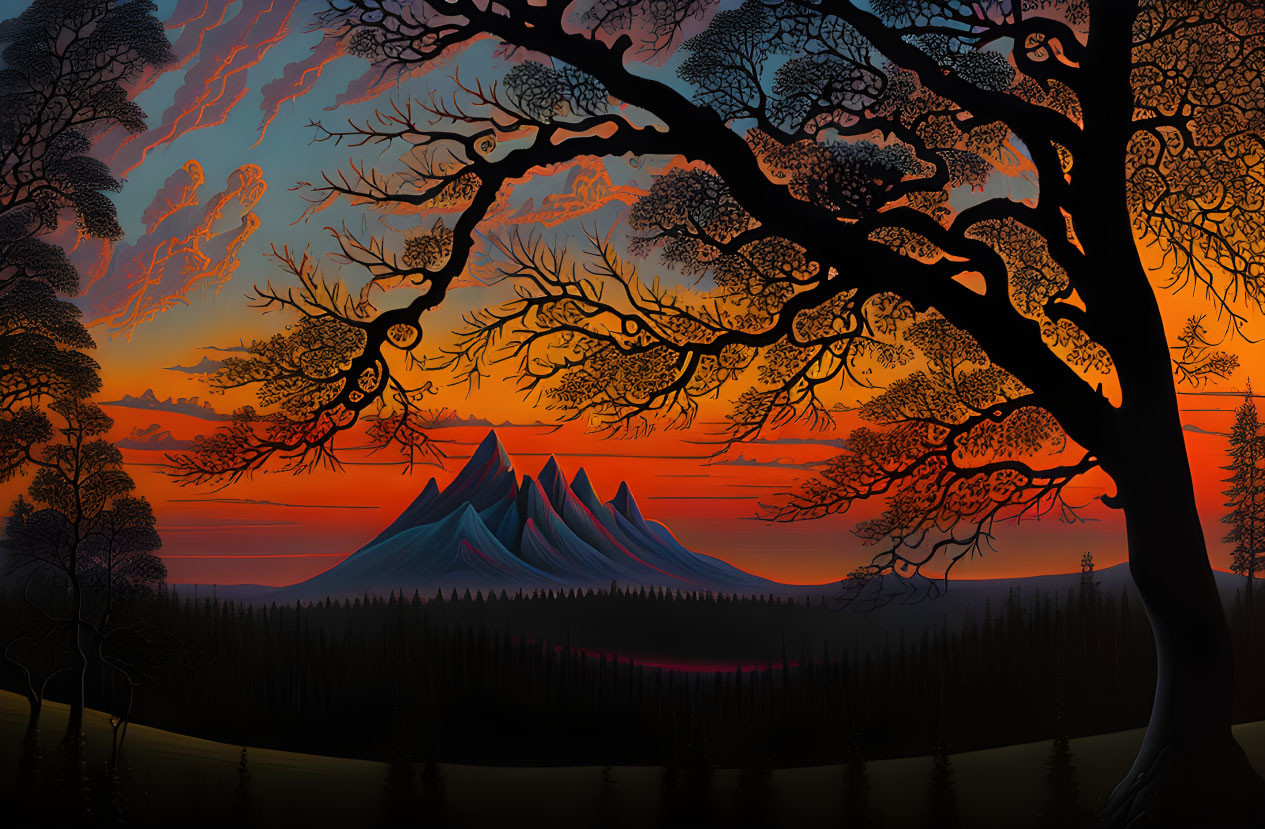 Vivid red and orange sunset silhouettes detailed tree and mountain peaks