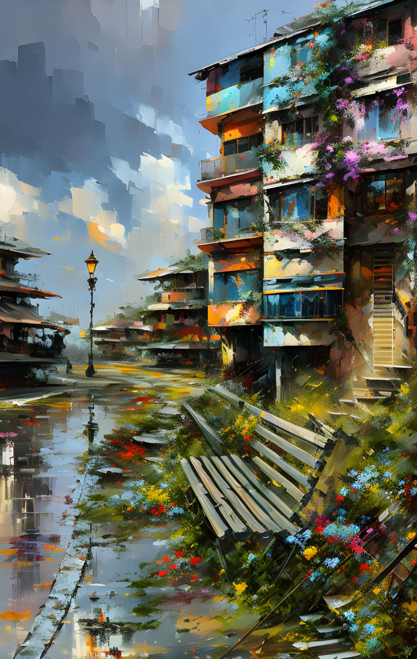 Vibrant impressionistic urban scene with old buildings, street lamp, puddle, and flowers.