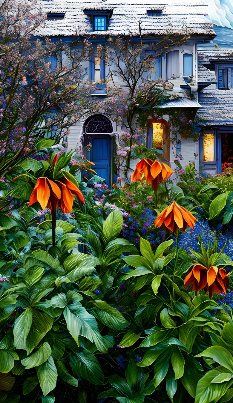 Colorful garden with orange flowers in front of house with blue door at twilight