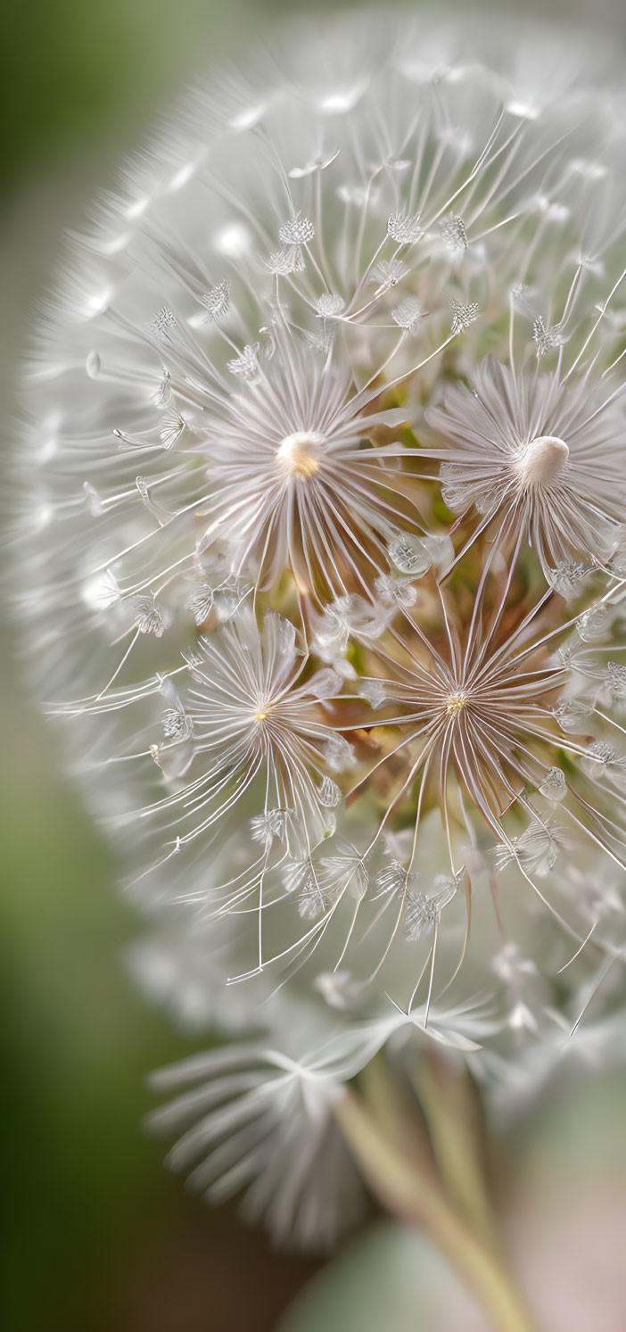 Detailed close-up of white dandelion seeds ready to disperse on green backdrop