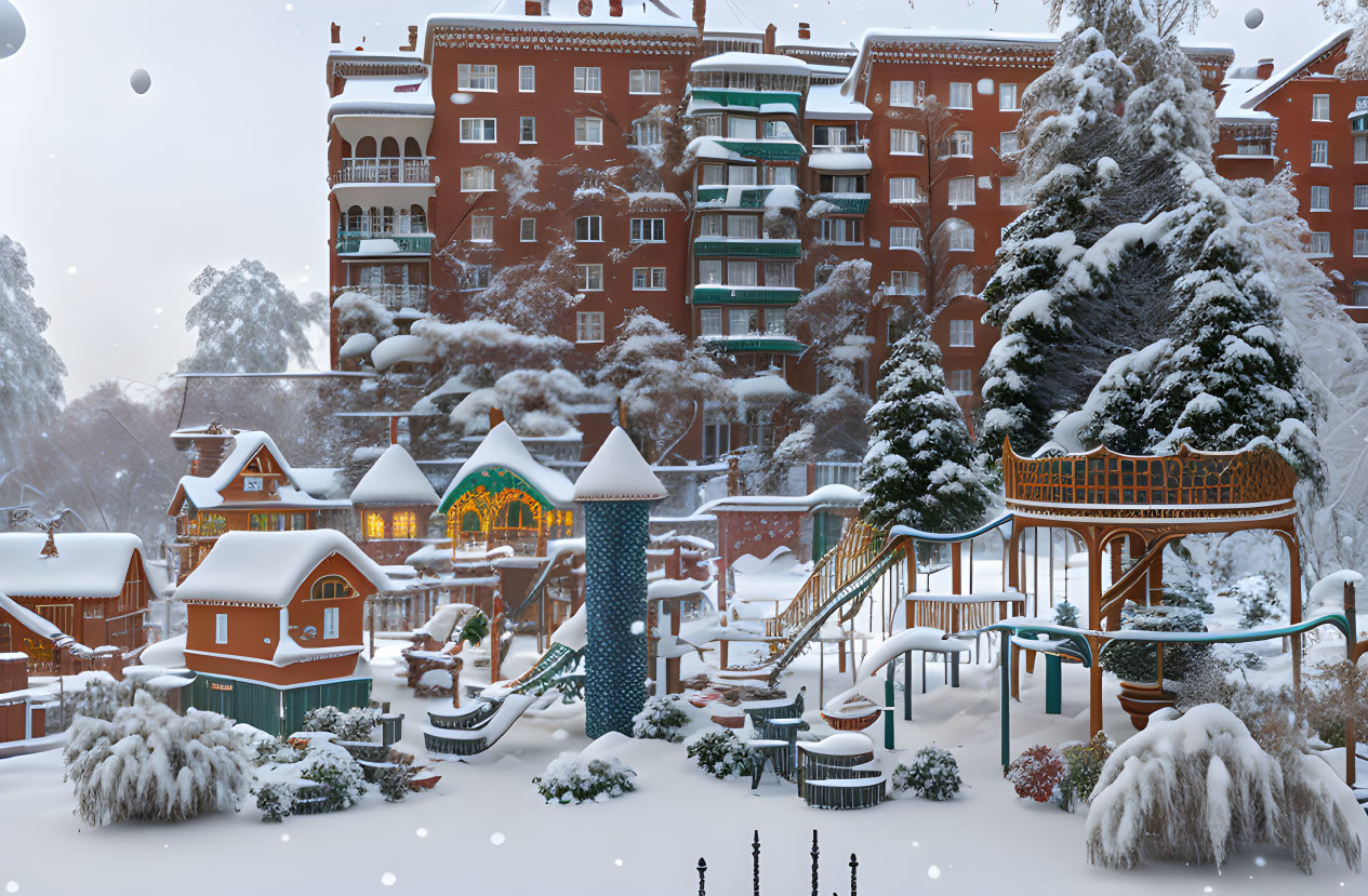 Snow-covered winter village with carousel and lights at dusk