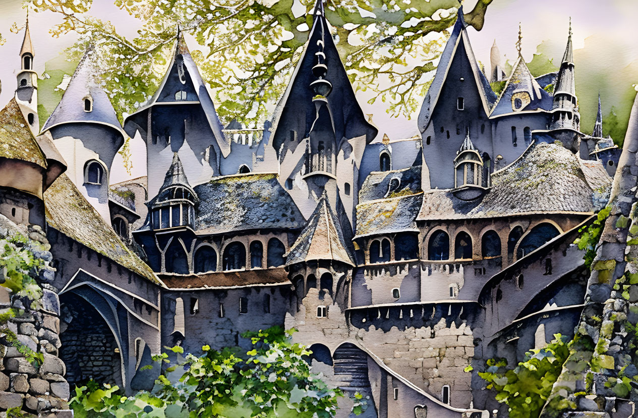 Detailed Watercolor Painting of Medieval Fantasy Castle and Bridge