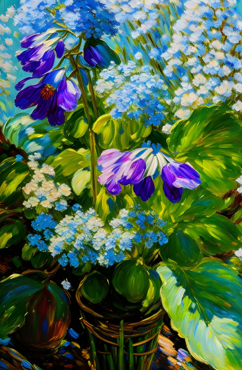 Colorful painting of green foliage, blue and white flowers, and purple petals.