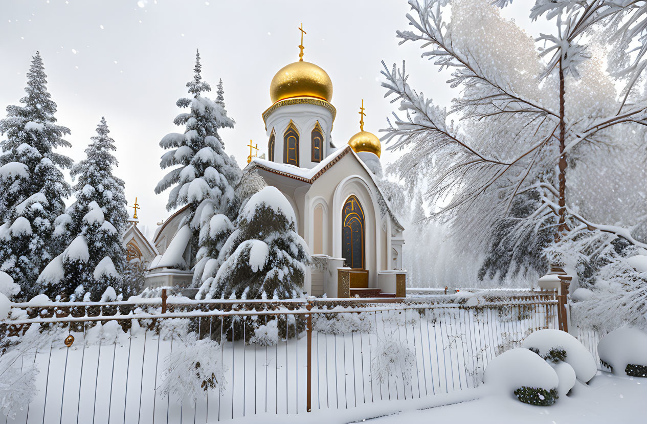 Winter scene: white church with golden domes in snowy landscape