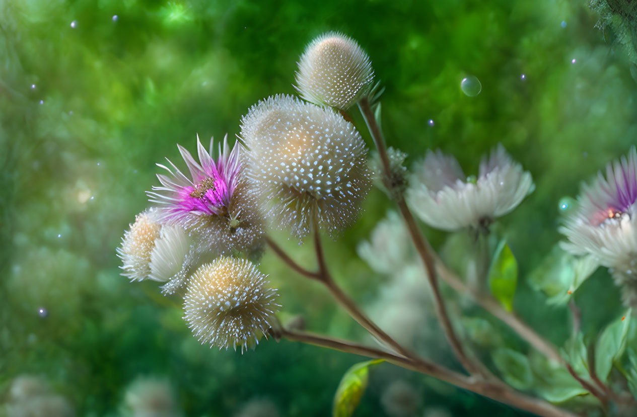 Close-Up of Thistle Flowers with White Fluff and Pink Bloom on Blurred Green Background